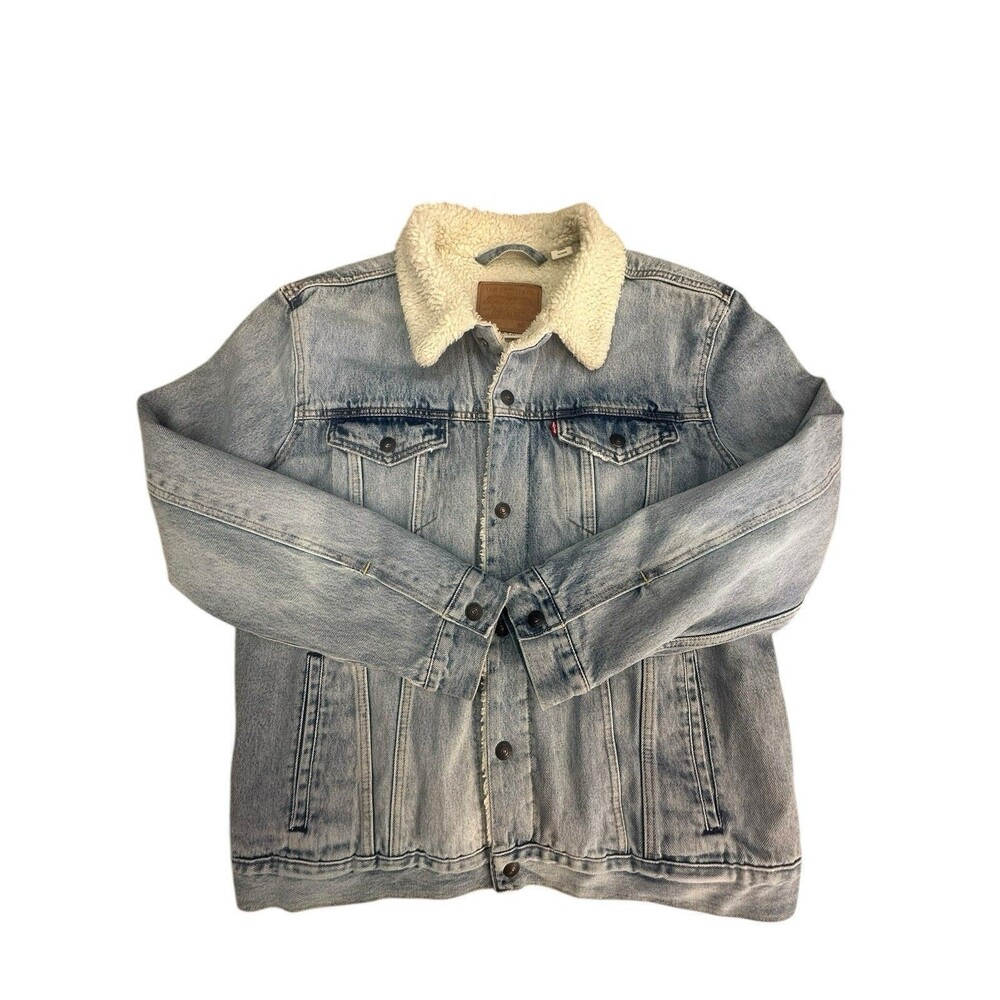 Levi Strauss Trucker Jacket Mens XL Blue Denim Sherpa Fleece Lined Warm Coat